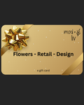 A gold gift card with a large metallic gold bow on the left, the text 'Flowers - Retail - Design' in the center, and the brand name 'mod + liv' in the upper right, shown on a dark charcoal background.