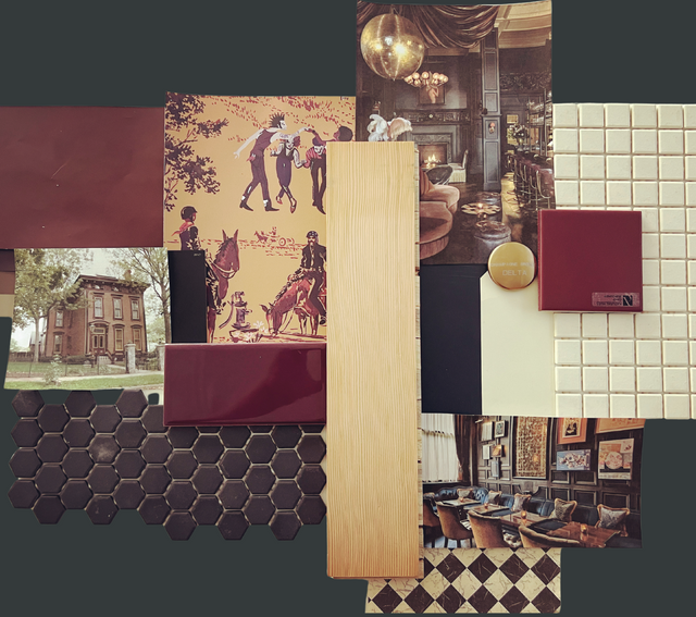 Collage of interior design elements including tiles, wood, and fabric swatches on a dark background.